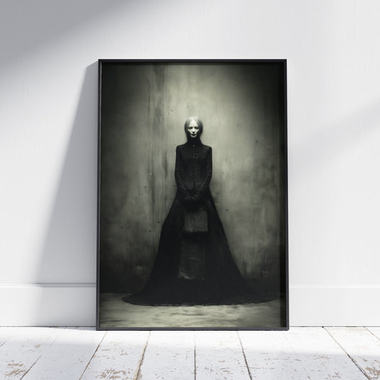 Gothic wall art featuring pale Victorian figure in flowing black dress against textured atmospheric background