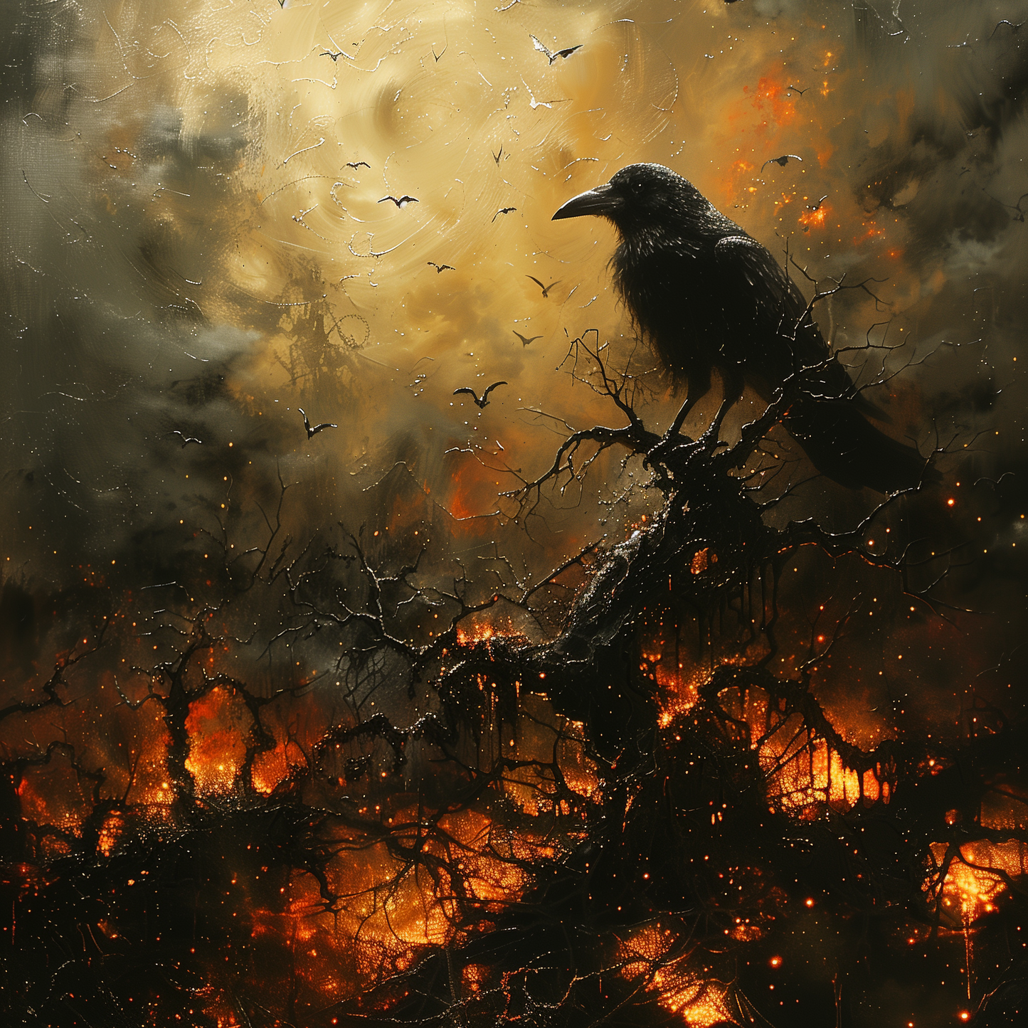 Black Crow in Burning Forest Poster, Creepy Wall Art