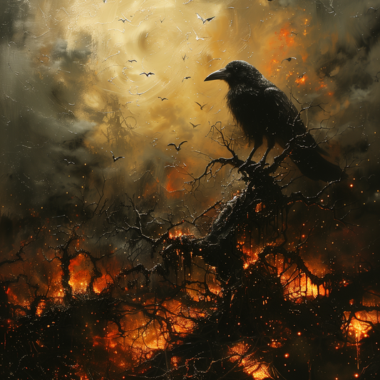 Black Crow in Burning Forest Poster, Creepy Wall Art