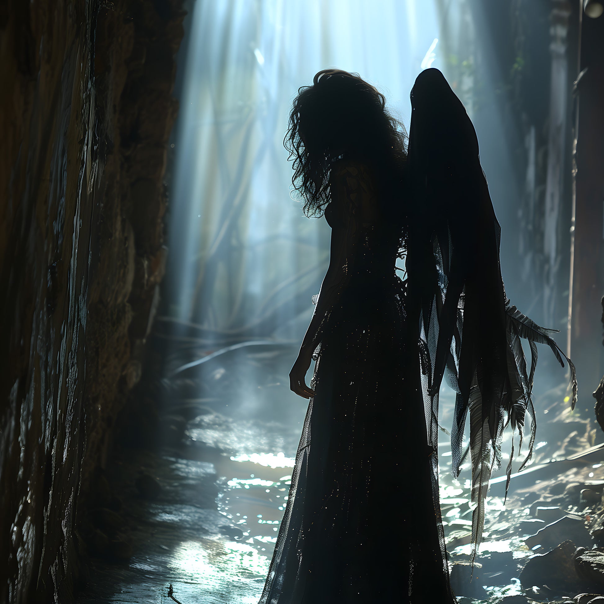 A gothic fallen angel with tattered wings stands in a shadowy, muddy forest alley lit by beams of ethereal light, evoking mystery, loss, and dark beauty.