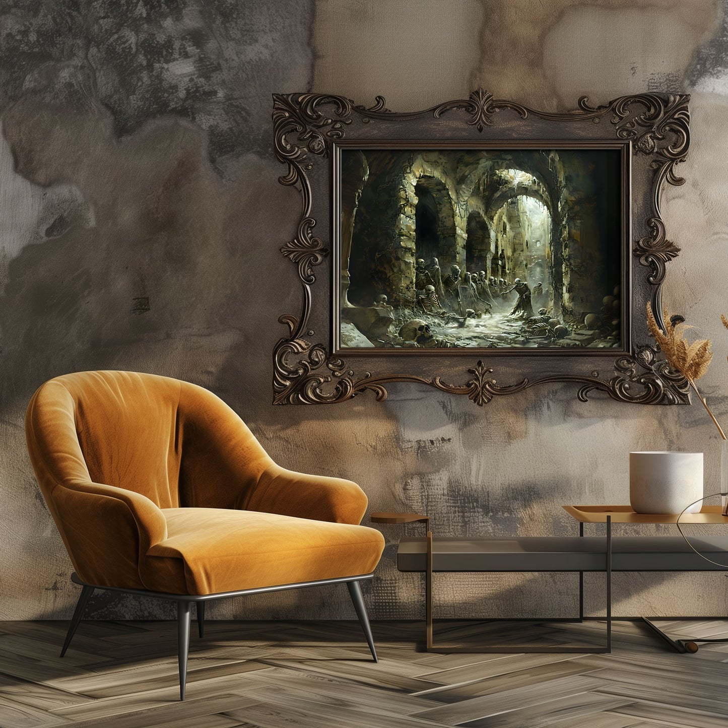 Haunted Catacomb Skeleton Painting - Goth Decor Print for Walls