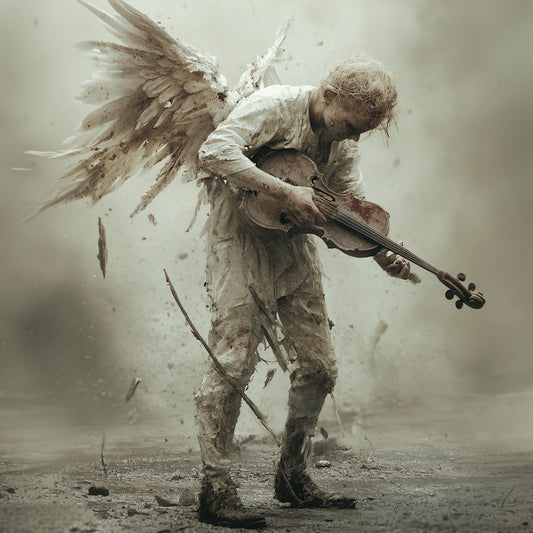 A mud-covered angel with torn white wings holds a violin awkwardly in a smoky, debris-filled environment. The figure appears confused and emotionally burdened, symbolizing a heavy metal guitarist adjusting to the afterlife.