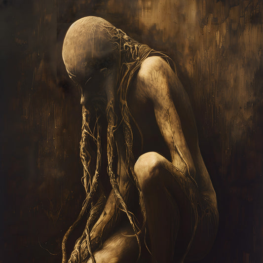 Horror art print featuring faceless skeletal figure hunched forward with rope bindings, sepia tones, gothic dark wall decor