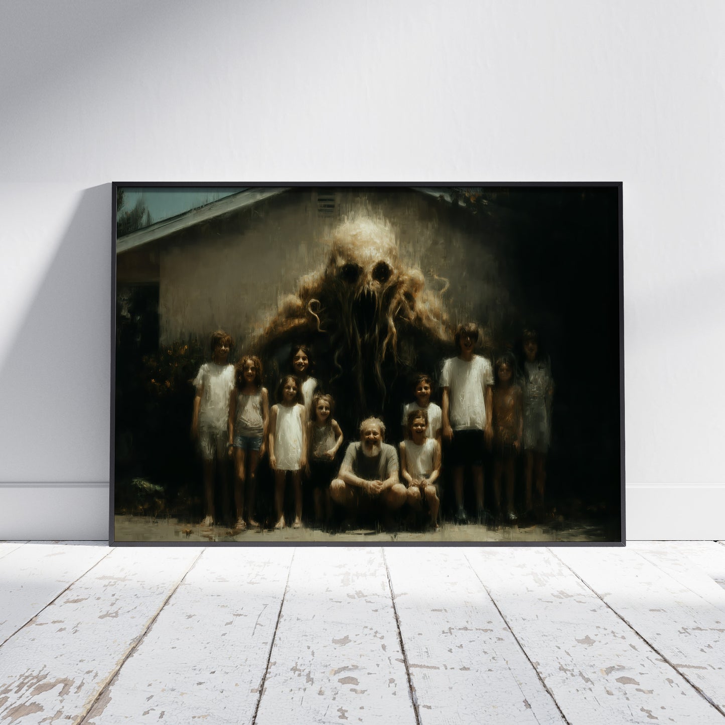 Horror family art print showing creepy monster creature with children in dark surreal painting style