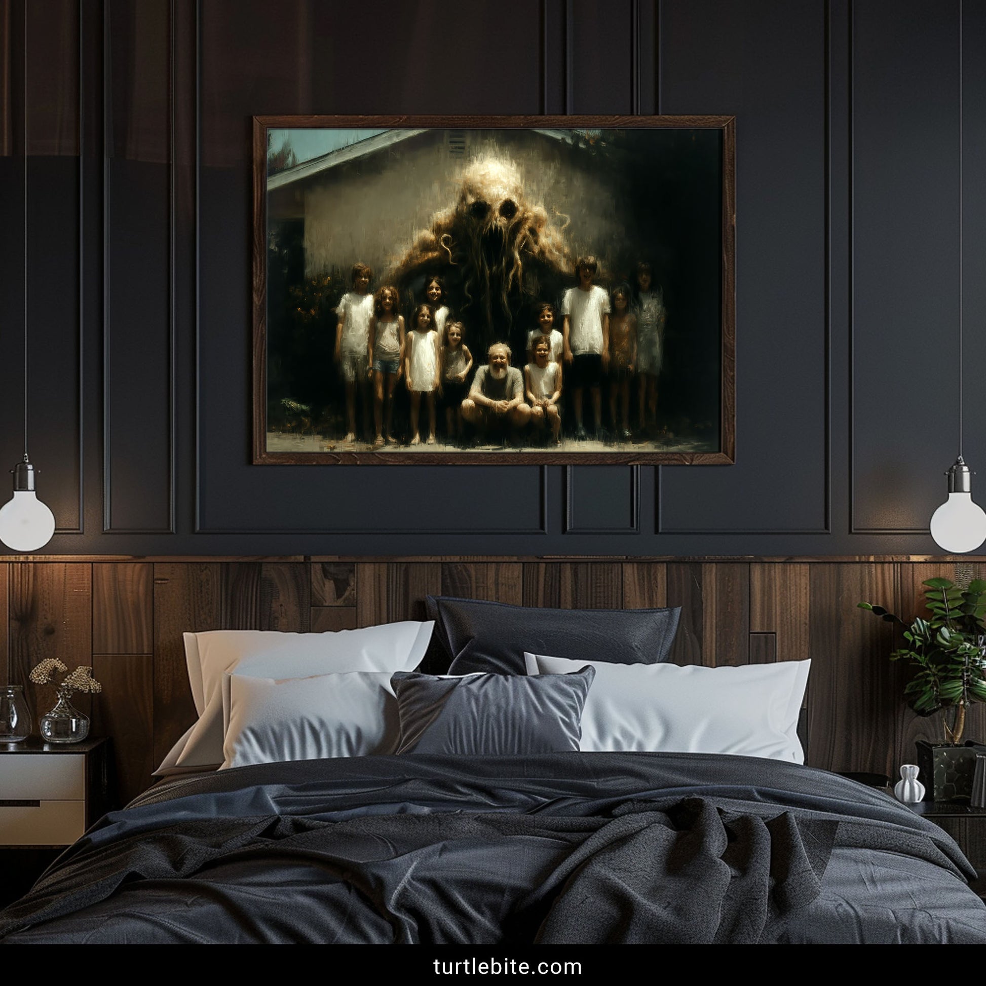 Creepy horror collector print depicting haunting family scene with monstrous entity in sepia tones
