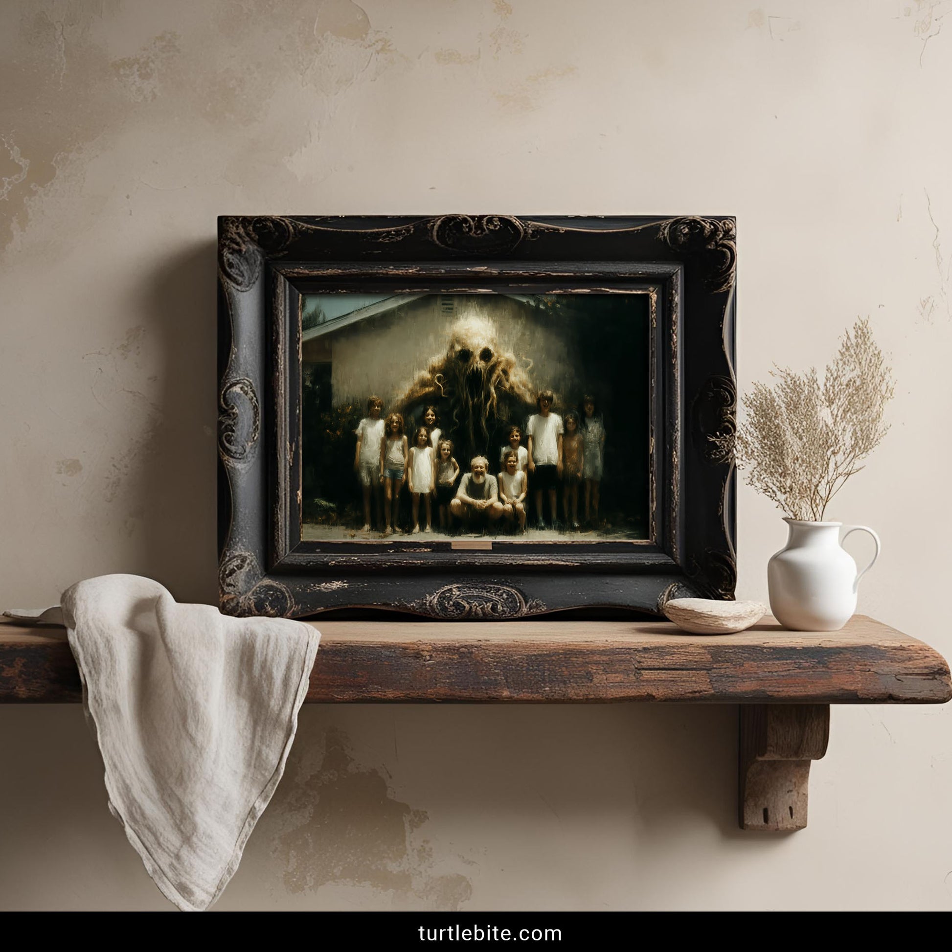 Disturbing dark fantasy wall art showing unsettling family gathering with otherworldly horror creature