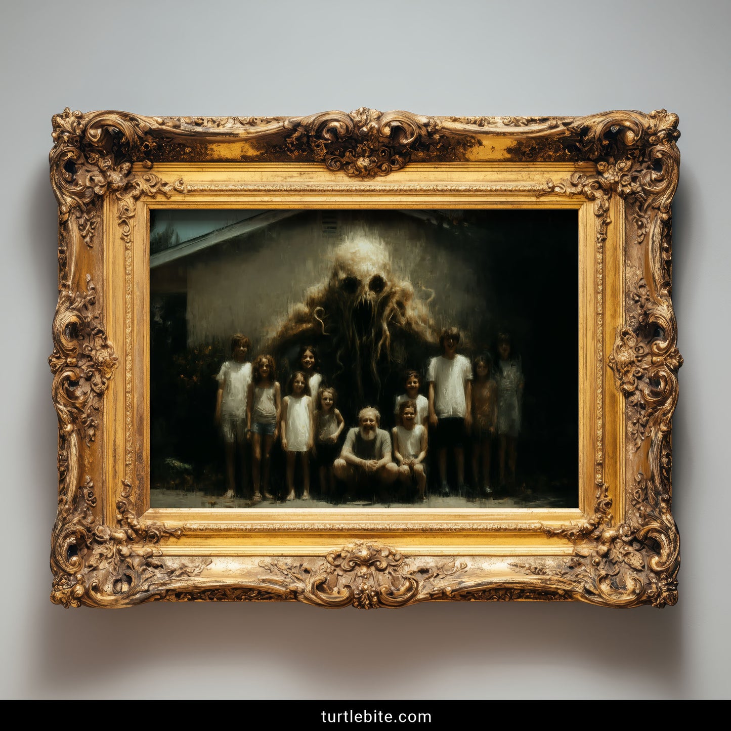 Macabre surreal art poster of disturbing family photo with nightmare creature looming behind