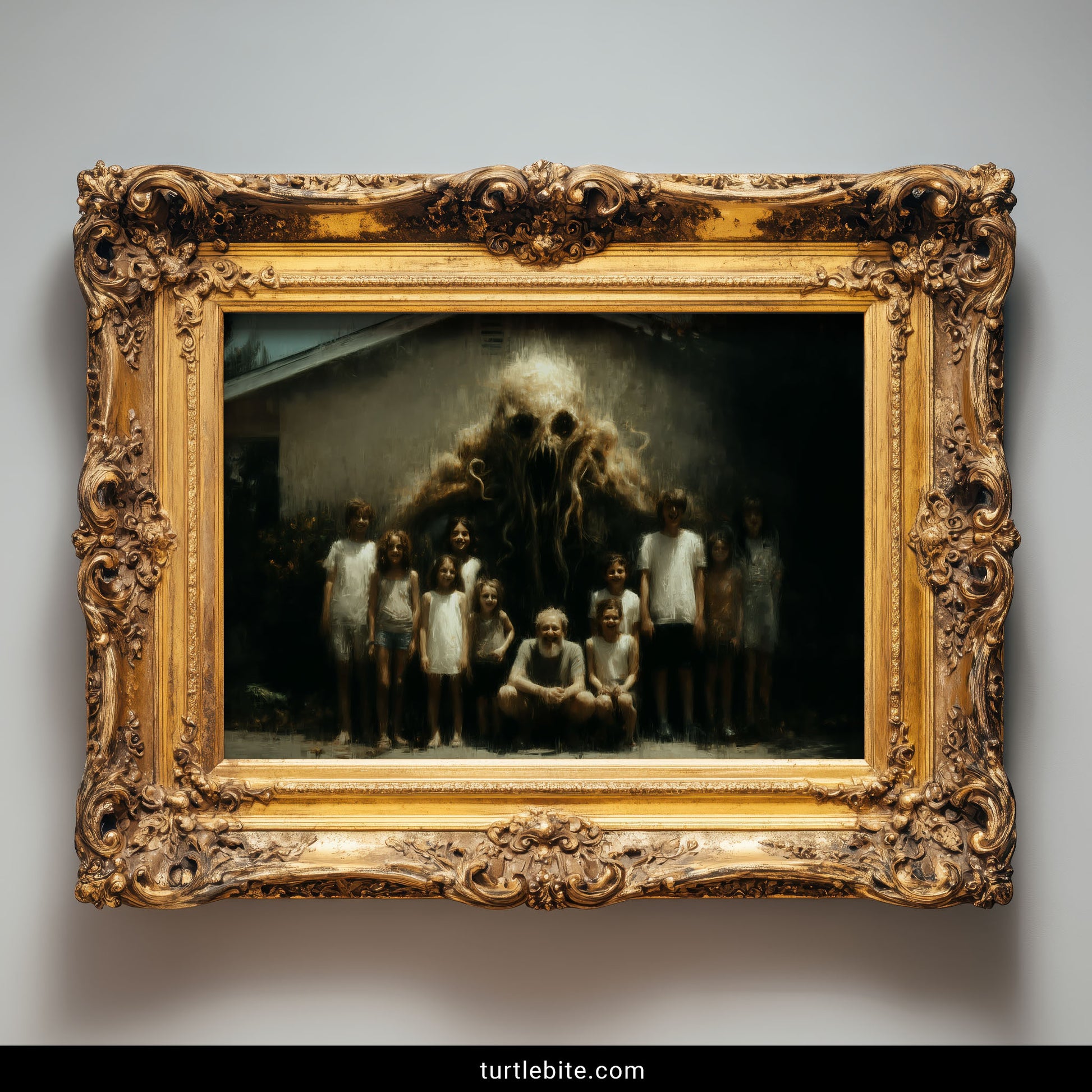 Macabre surreal art poster of disturbing family photo with nightmare creature looming behind