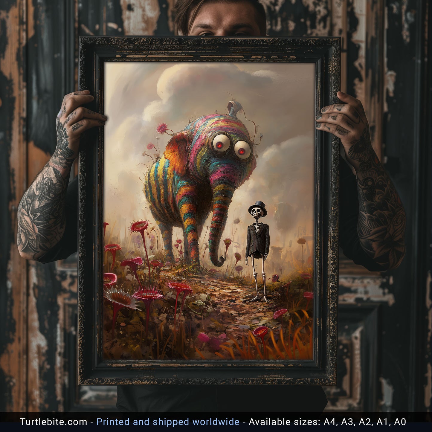 Whimsical Surreal Poster Featuring a Rainbow Elephant and Skeleton in a Fantasy World