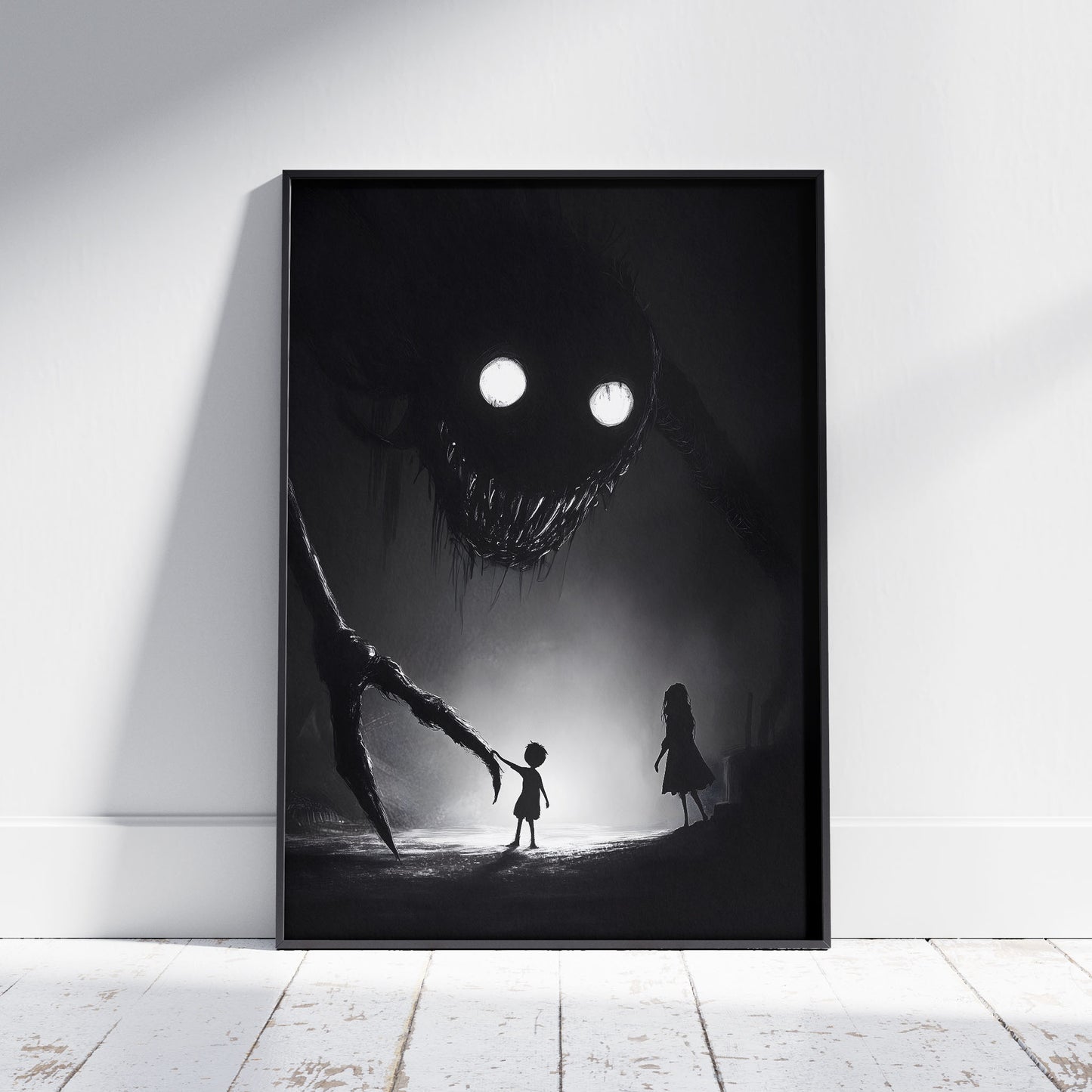 Mysterious Kids Playing with Monster Illustration Poster - Nightmare Large Wall Art - Witchy Frightening Prints