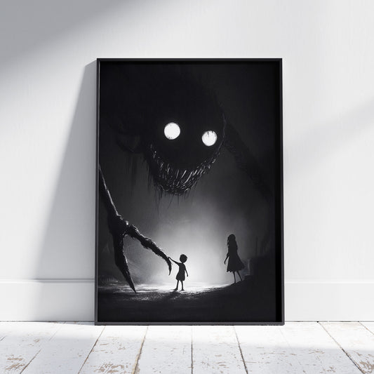 Mysterious Kids Playing with Monster Illustration Poster - Nightmare Large Wall Art - Witchy Frightening Prints