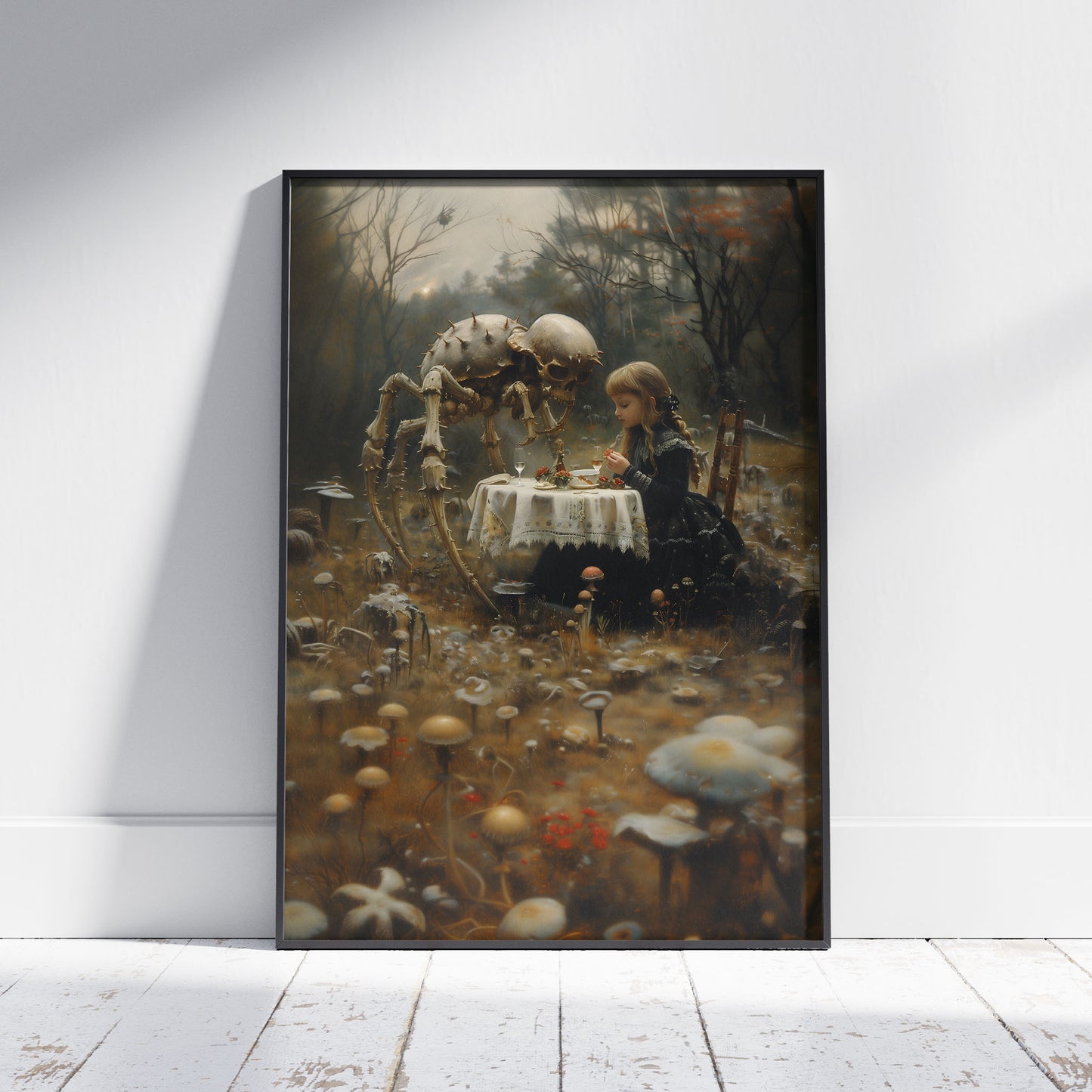 Digital artwork of a little girl in a gothic black dress having a peaceful dinner with a skeletal spider in a mushroom-filled, foggy forest. The scene blends innocence and horror with surreal elegance.