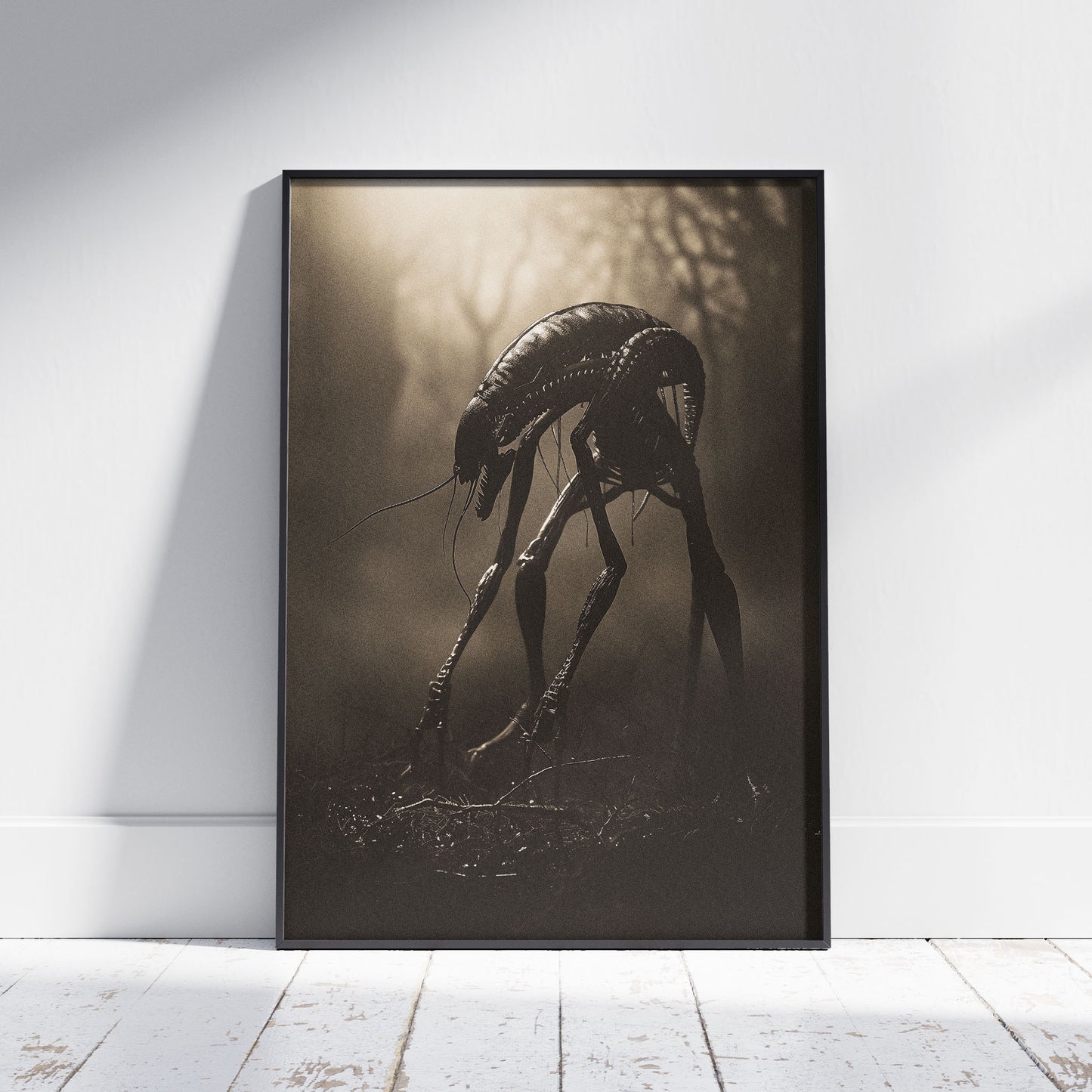 Creepy Insect Creature in Misty Forest Poster, Horror Wall Art, Vintage Poster