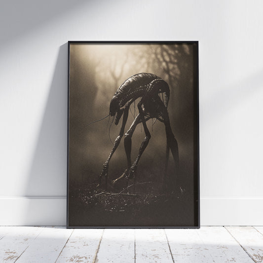 Creepy Insect Creature in Misty Forest Poster, Horror Wall Art, Vintage Poster