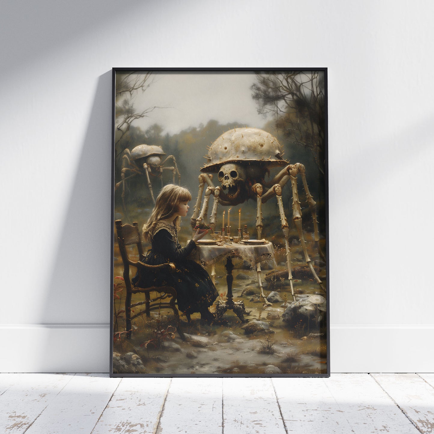 Macabre Poster of Little Girl having Dinner with Skeletal Spiders