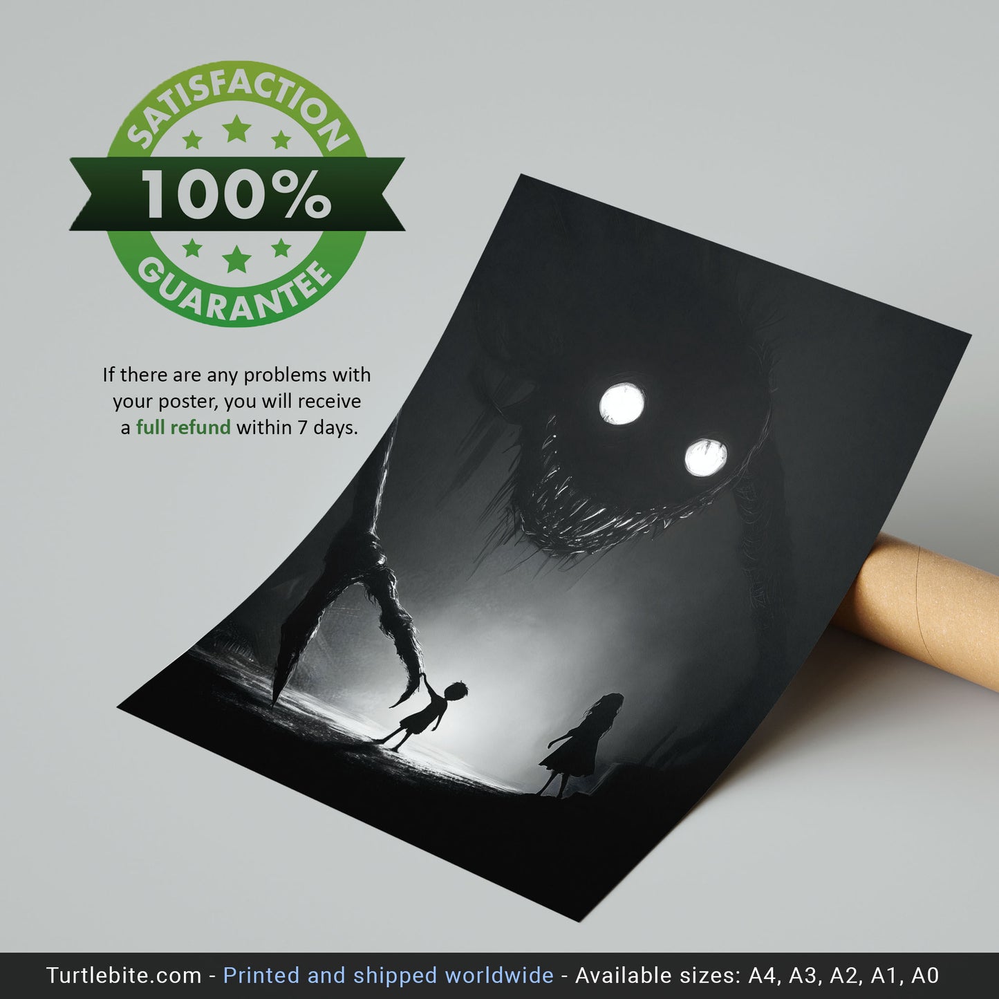 Mysterious Kids Playing with Monster Illustration Poster - Nightmare Large Wall Art - Witchy Frightening Prints