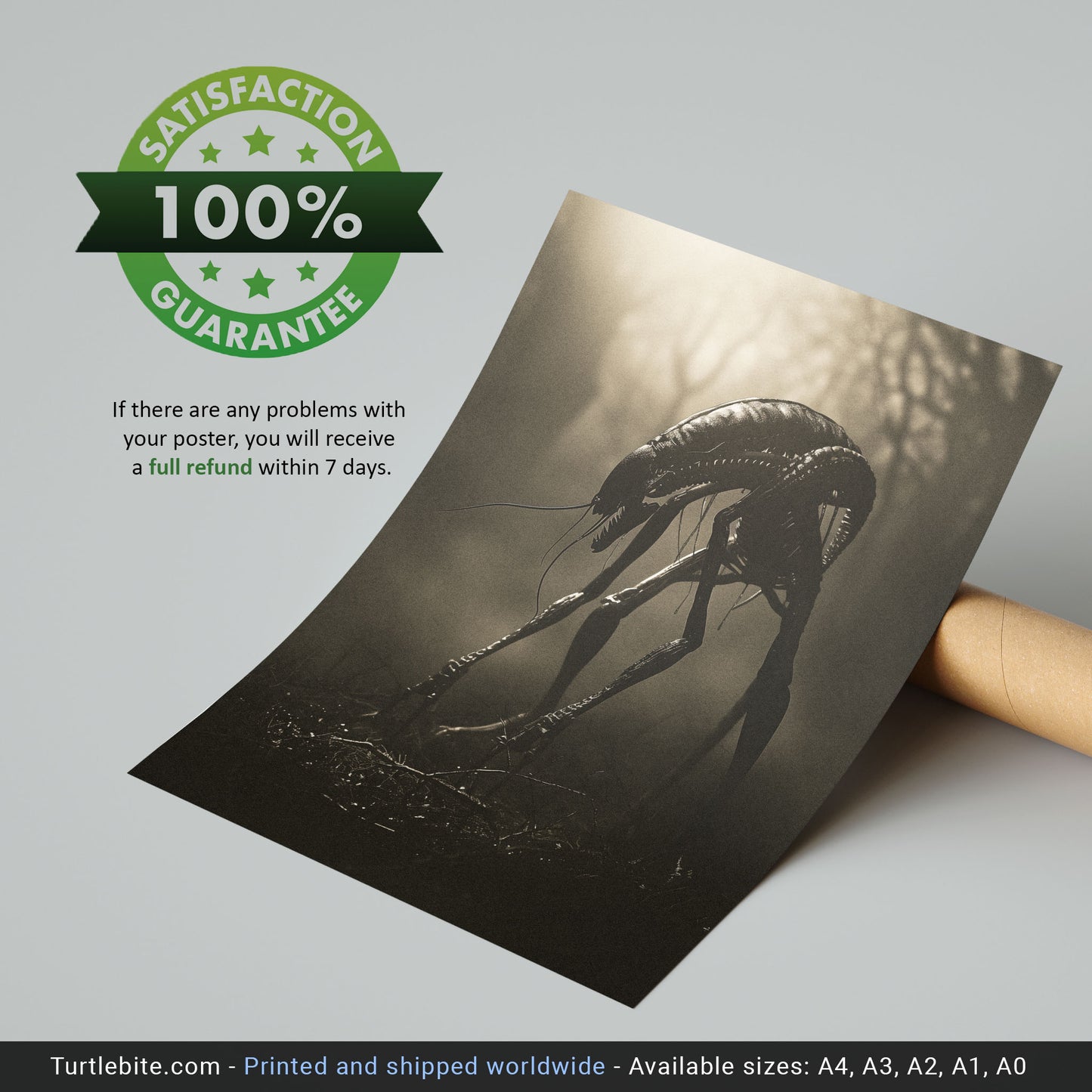 Creepy Insect Creature in Misty Forest Poster, Horror Wall Art, Vintage Poster