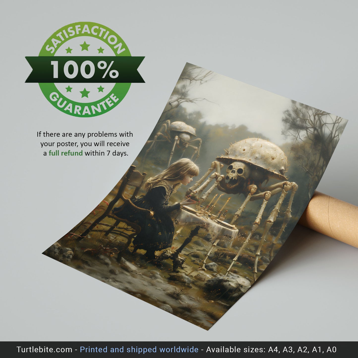 Macabre Poster of Little Girl having Dinner with Skeletal Spiders