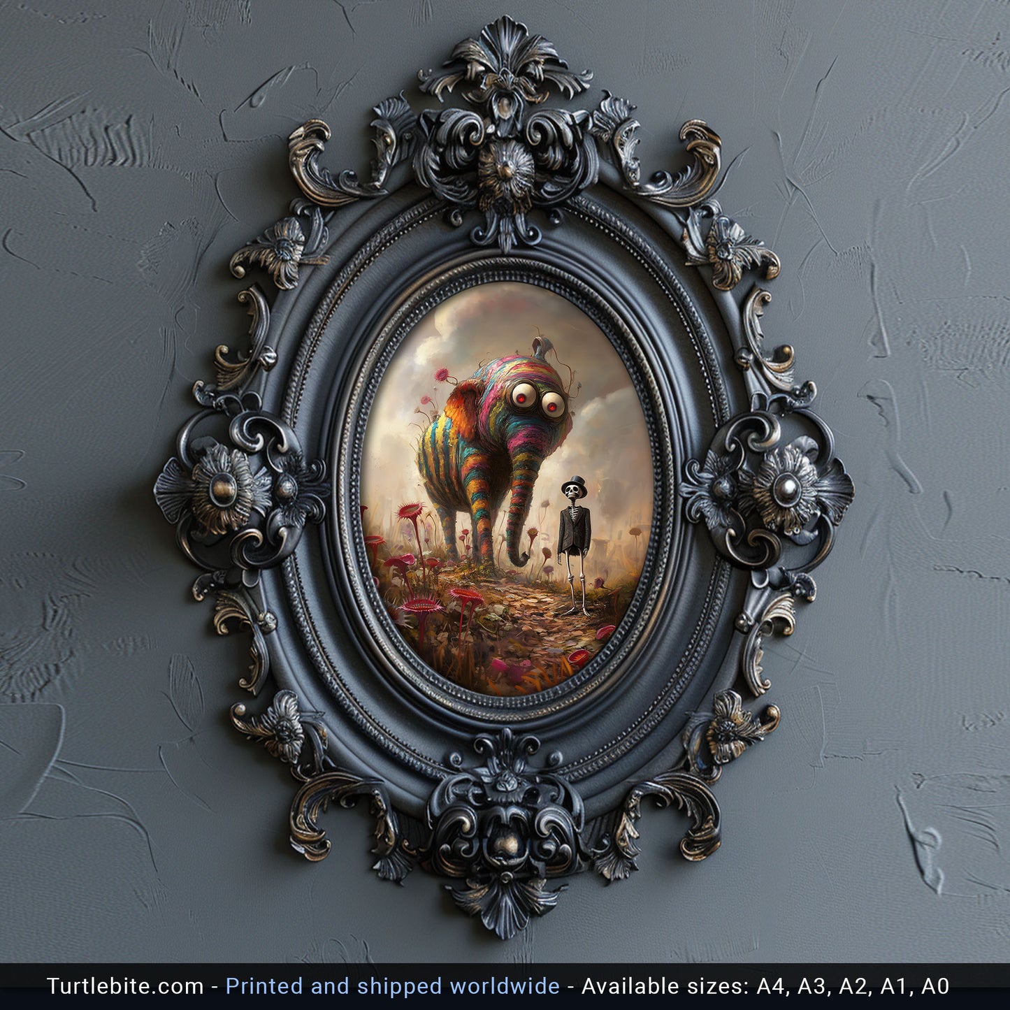 Whimsical Surreal Poster Featuring a Rainbow Elephant and Skeleton in a Fantasy World