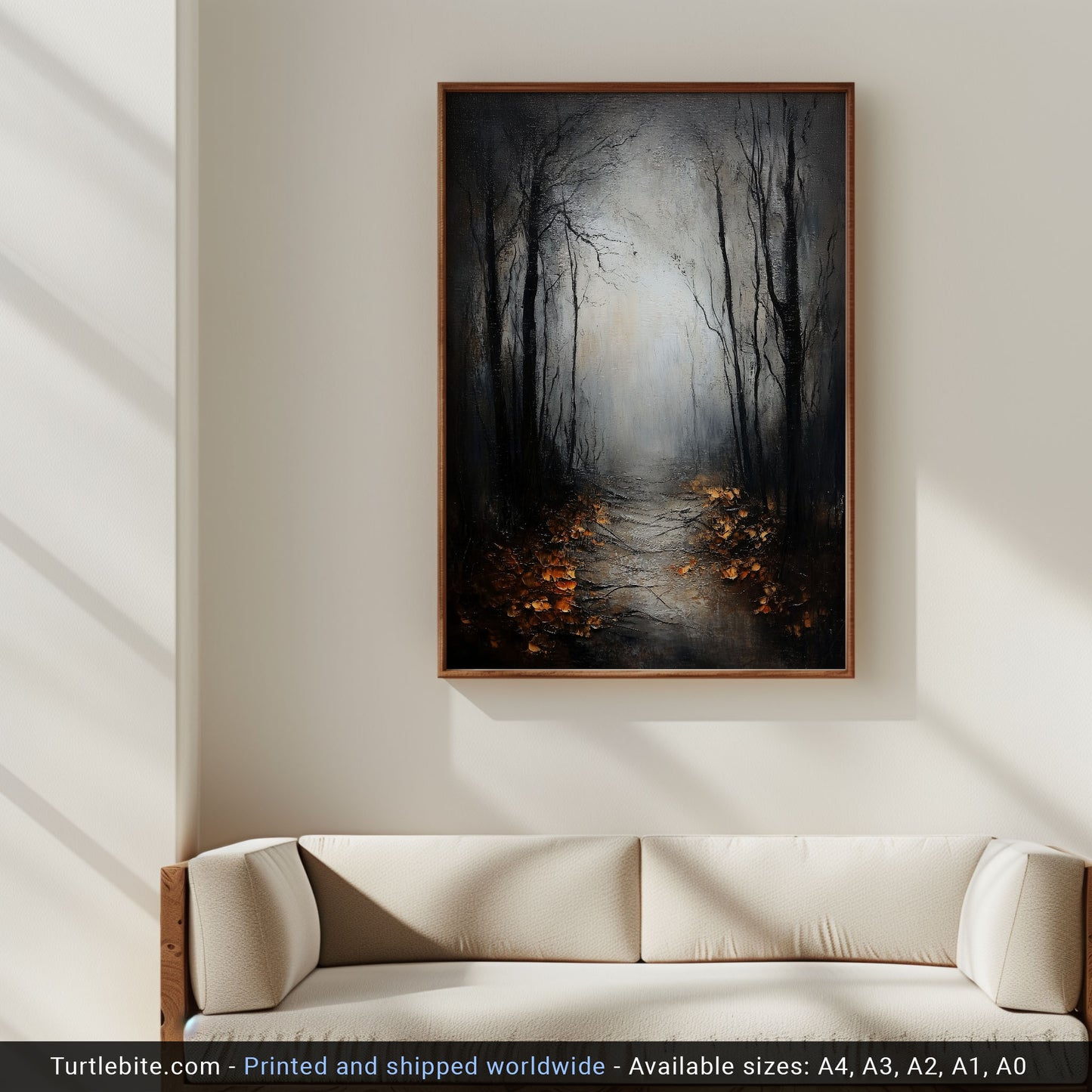 Dark Forest Wall Art Poster Print with Mysterious Foggy Path and Autumn Leaves