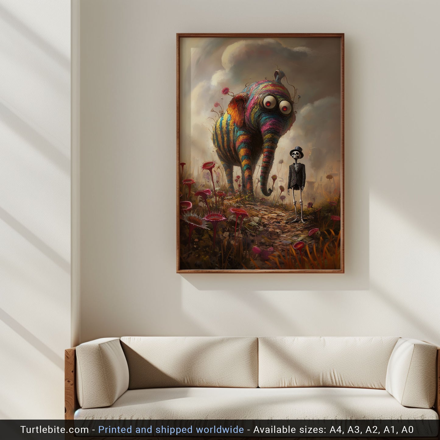 Whimsical Surreal Poster Featuring a Rainbow Elephant and Skeleton in a Fantasy World