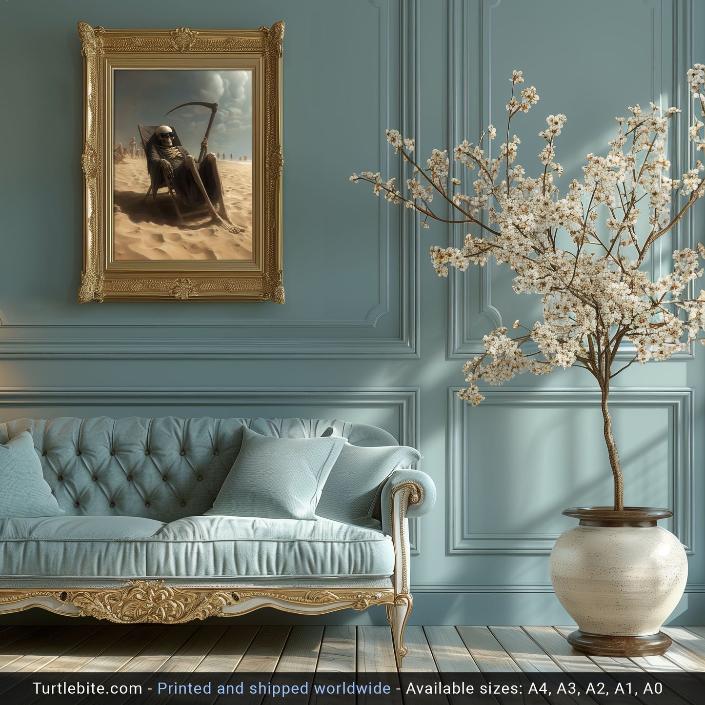Grim Reaper on Holiday Painting Print, Dark Skeleton Wall Art, Moody Skull Poster