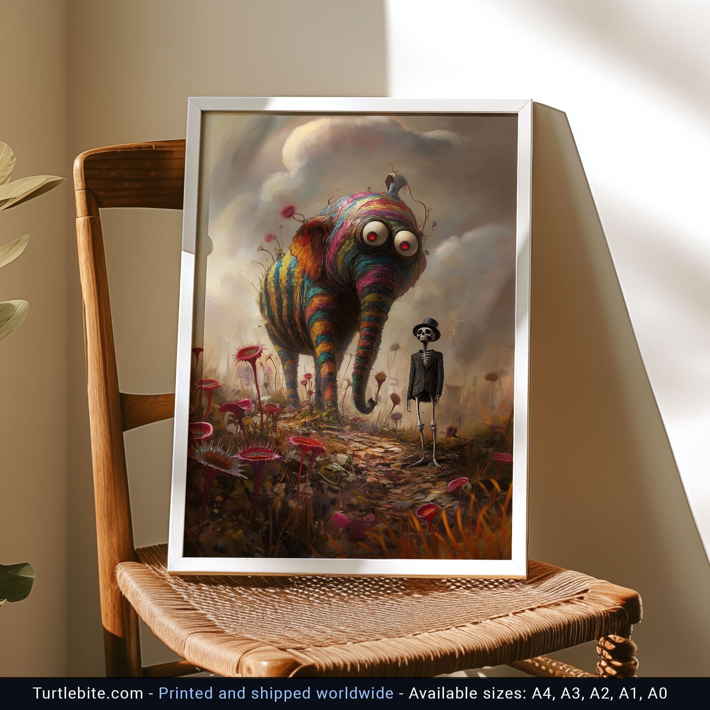 Whimsical Surreal Poster Featuring a Rainbow Elephant and Skeleton in a Fantasy World