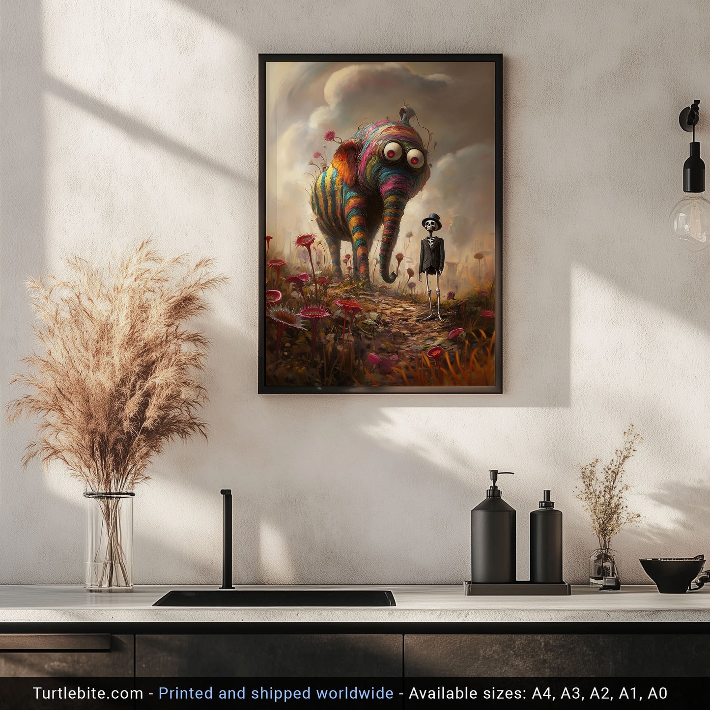 Whimsical Surreal Poster Featuring a Rainbow Elephant and Skeleton in a Fantasy World