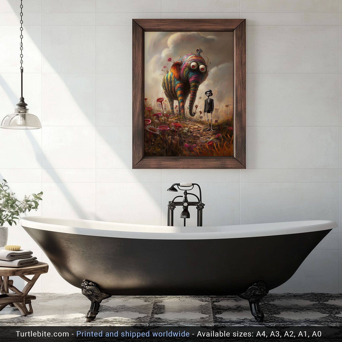 Whimsical Surreal Poster Featuring a Rainbow Elephant and Skeleton in a Fantasy World