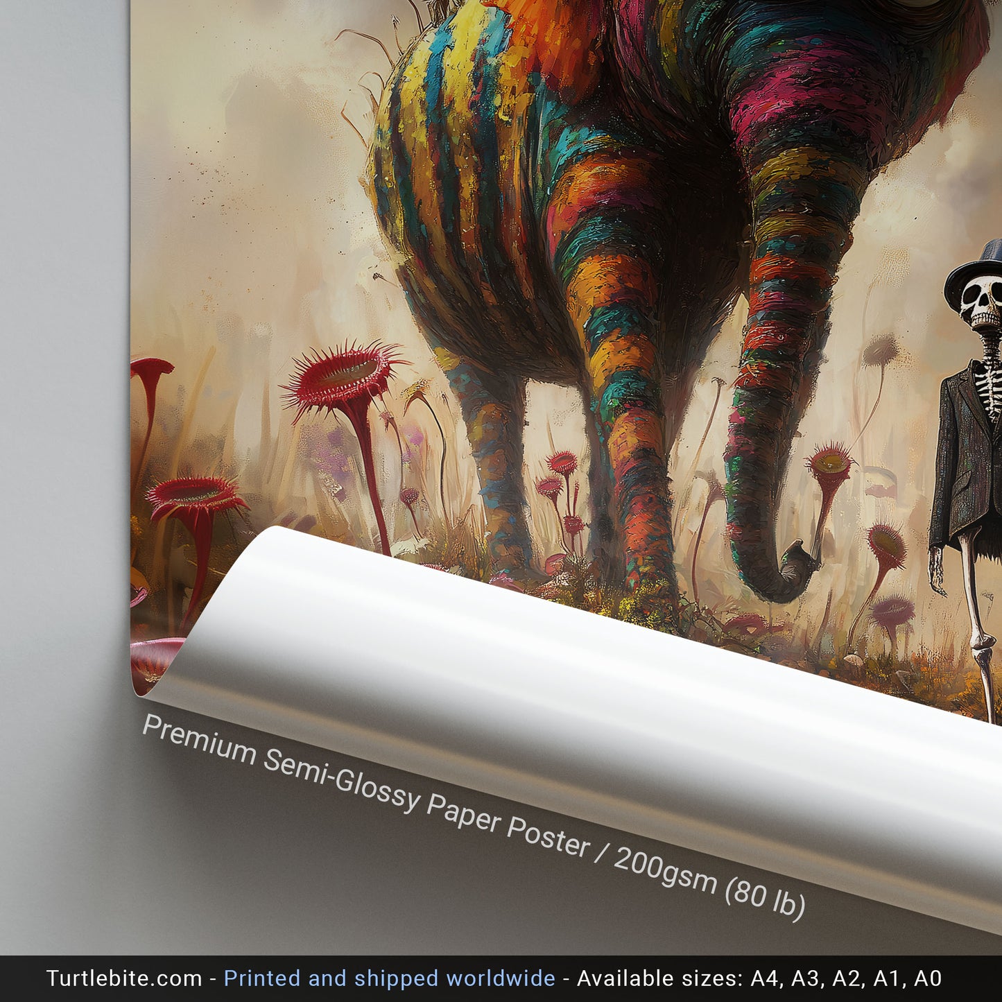 Whimsical Surreal Poster Featuring a Rainbow Elephant and Skeleton in a Fantasy World
