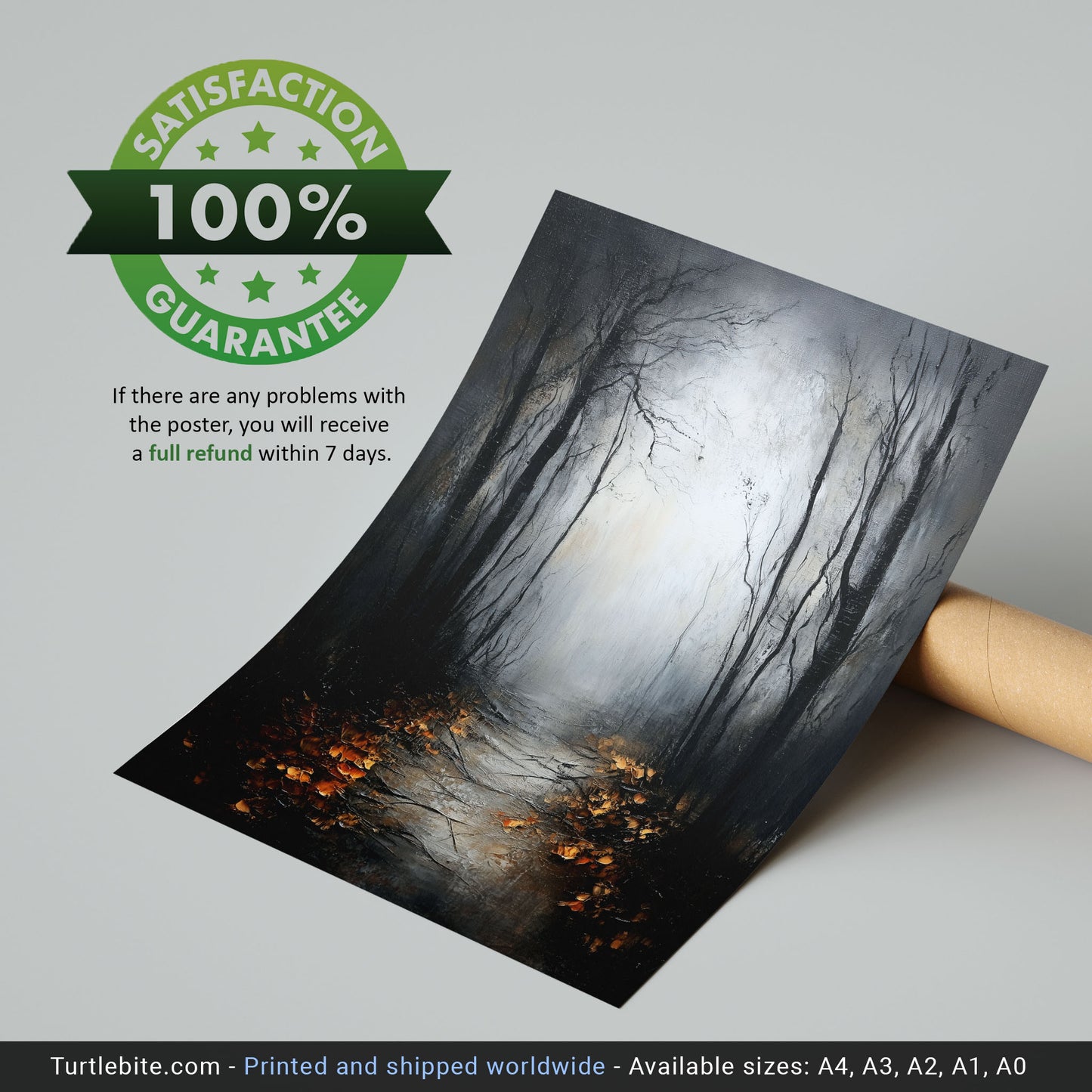 Dark Forest Wall Art Poster Print with Mysterious Foggy Path and Autumn Leaves
