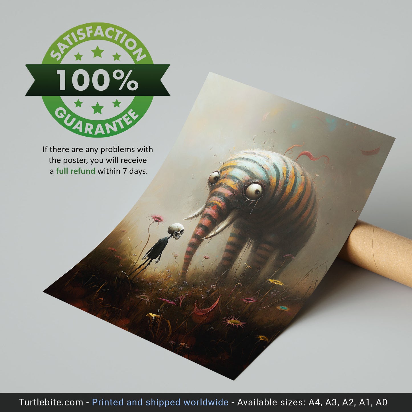 Surreal Elephant Art Print, Whimsical Striped Creature & Skeleton in a Field, Dark Fantasy Wall Decor, Gothic Macabre Poster Gift