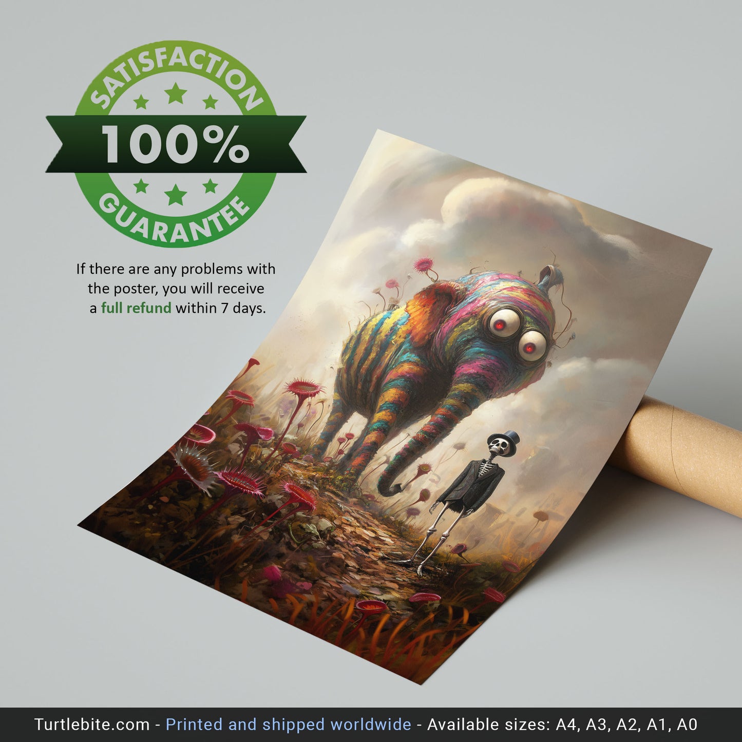 Whimsical Surreal Poster Featuring a Rainbow Elephant and Skeleton in a Fantasy World