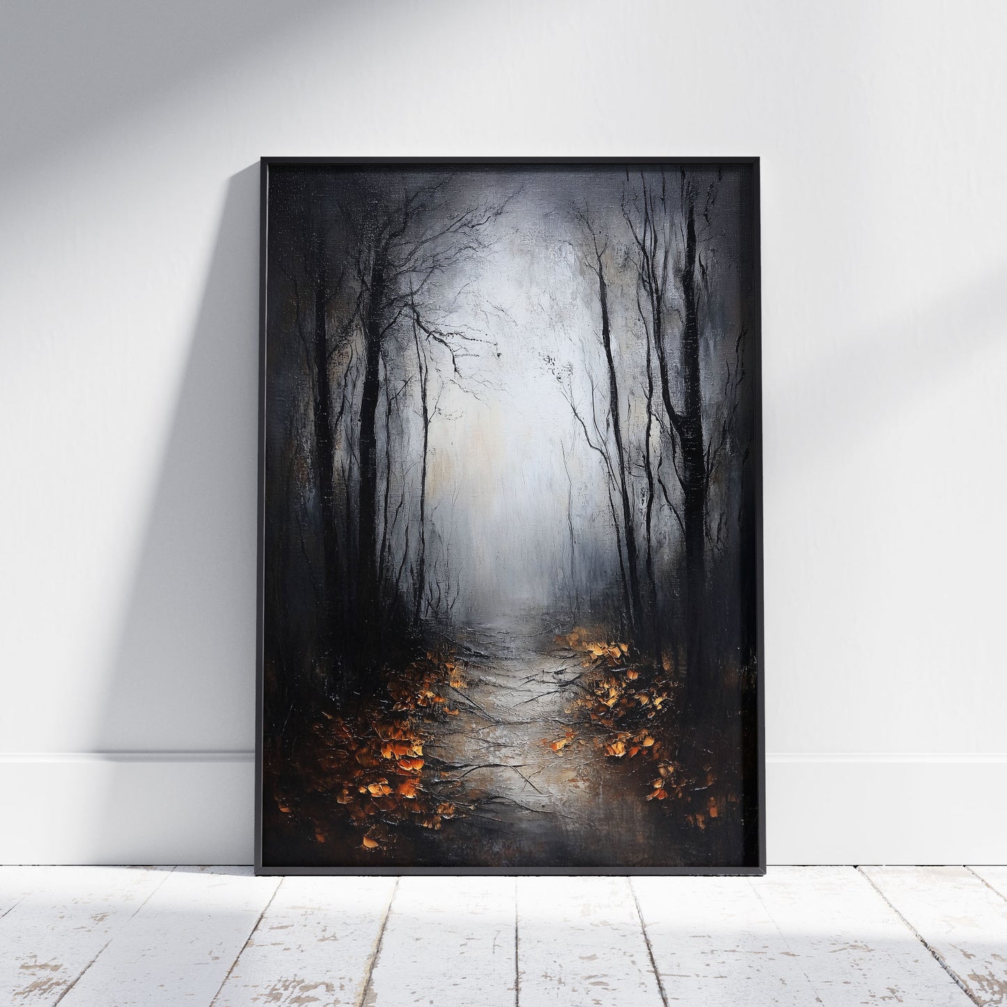 Oil painting of a misty forest path with bare, dark trees on either side. Golden autumn leaves litter the foreground path, leading towards a bright, foggy clearing in the distance. The painting has a visible impasto texture.