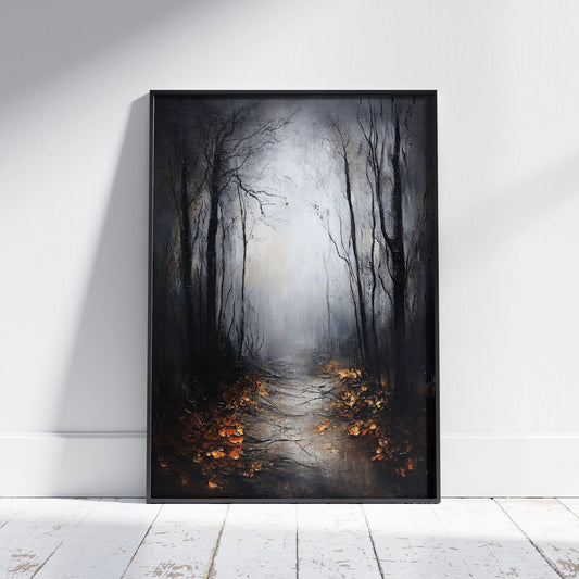 Oil painting of a misty forest path with bare, dark trees on either side. Golden autumn leaves litter the foreground path, leading towards a bright, foggy clearing in the distance. The painting has a visible impasto texture.
