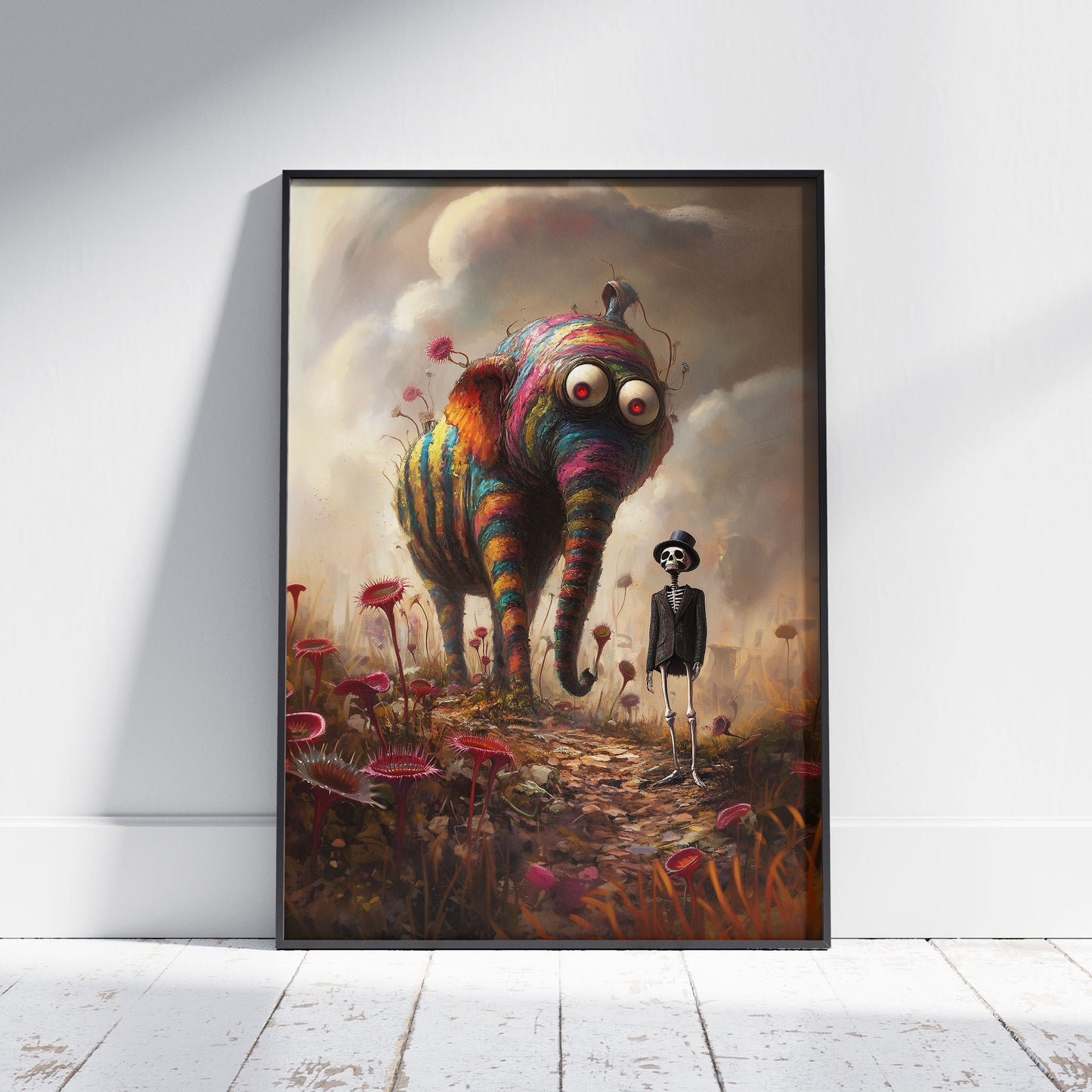 Whimsical Surreal Poster Featuring a Rainbow Elephant and Skeleton in a Fantasy World