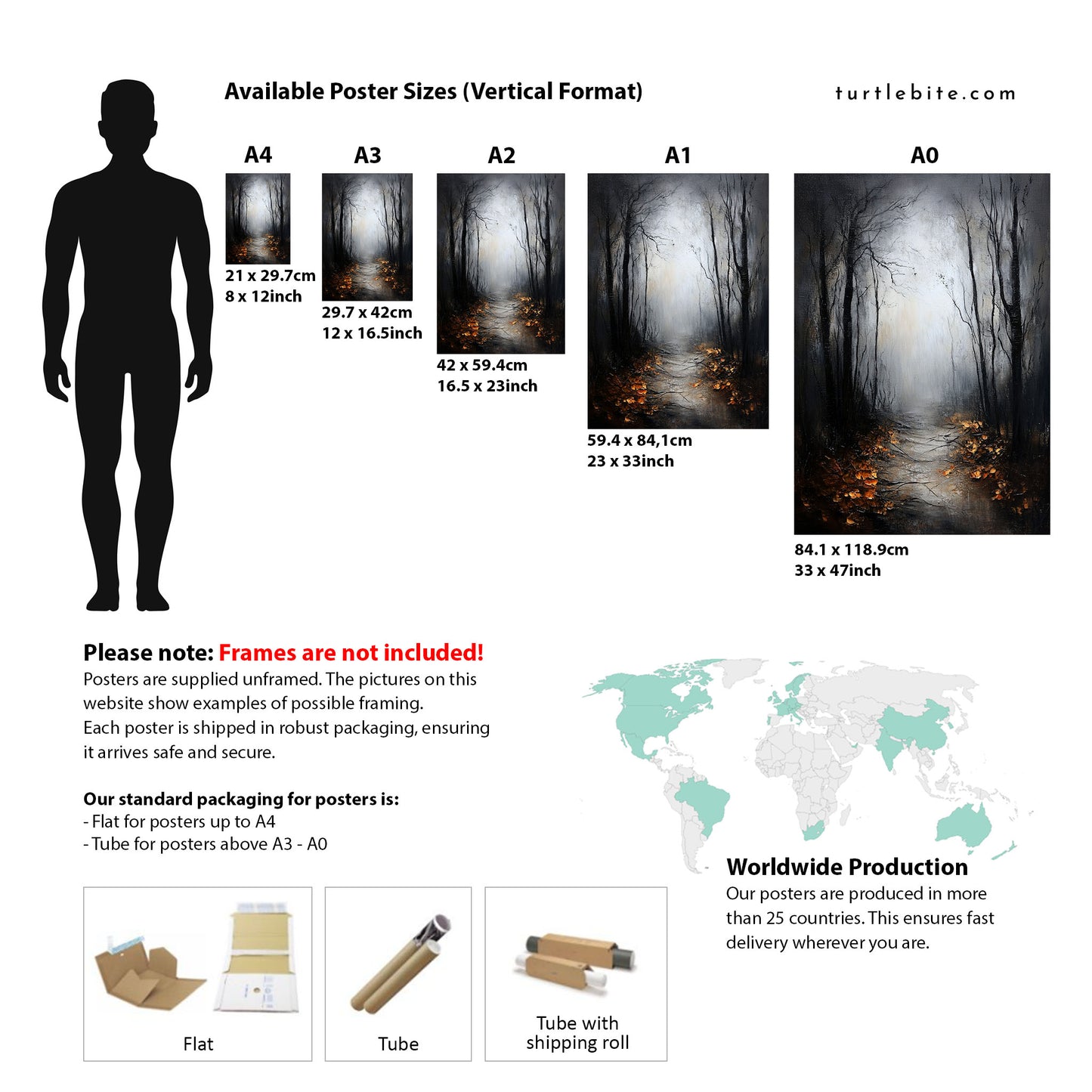 Dark Forest Wall Art Poster Print with Mysterious Foggy Path and Autumn Leaves