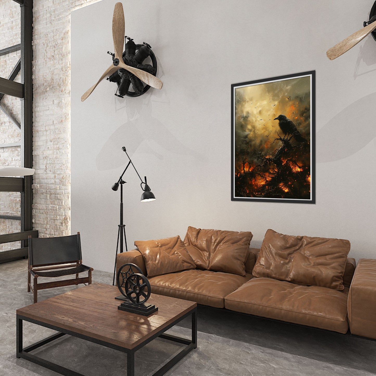 Black Crow in Burning Forest Poster, Creepy Wall Art