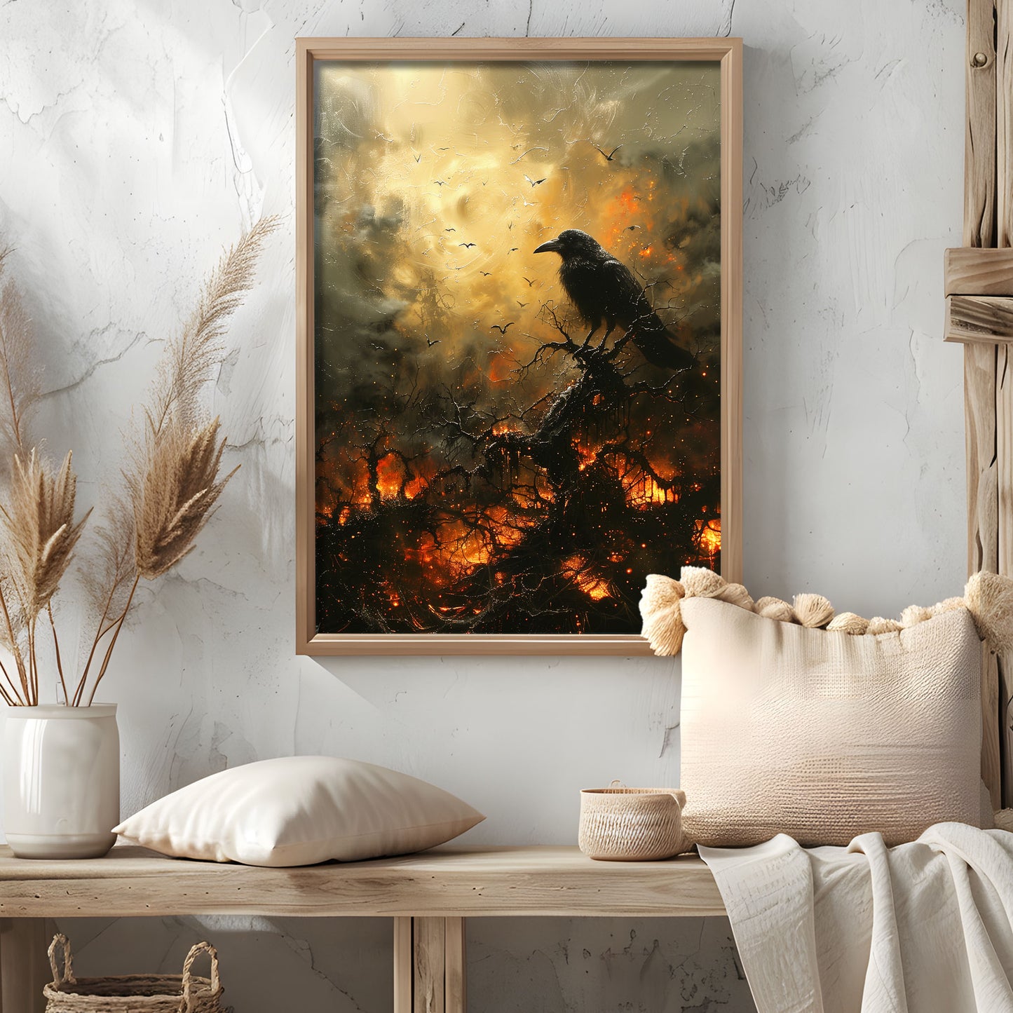 Black Crow in Burning Forest Poster, Creepy Wall Art