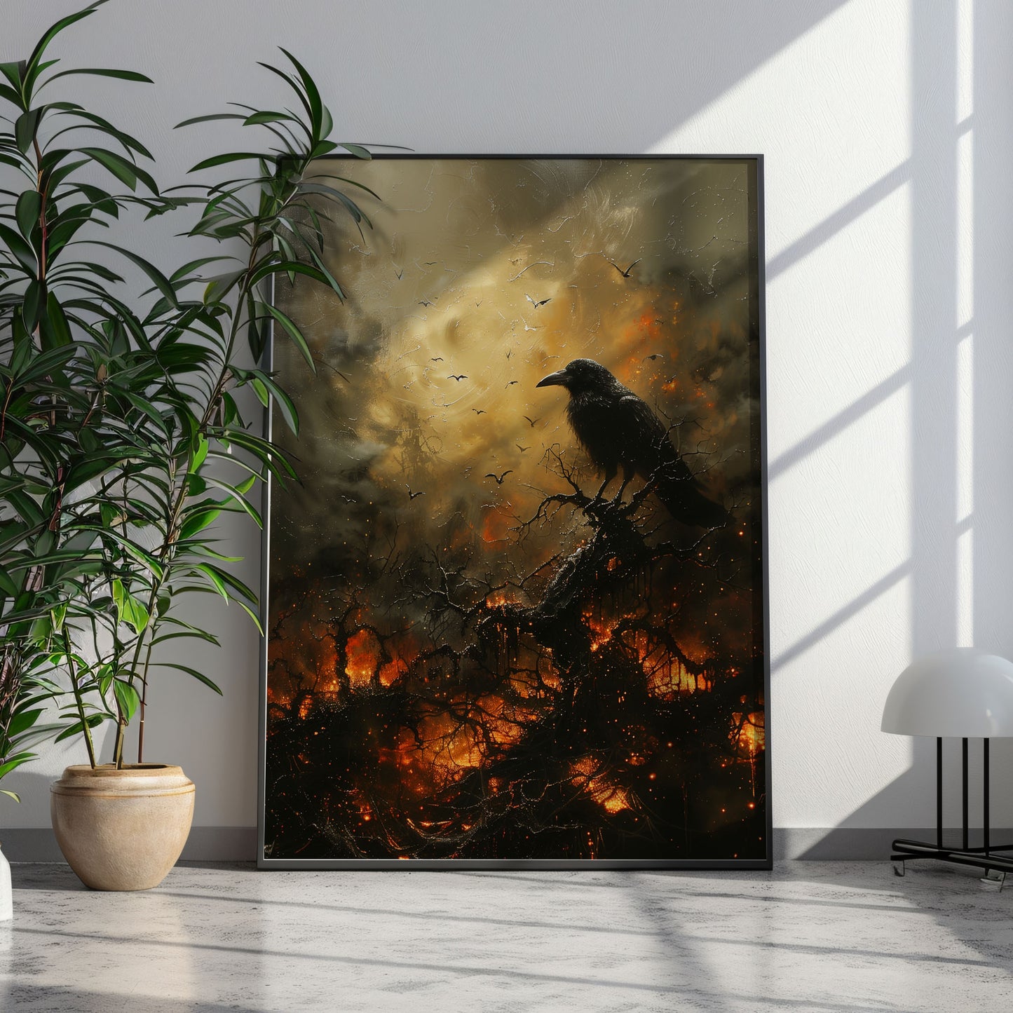 Black Crow in Burning Forest Poster, Creepy Wall Art