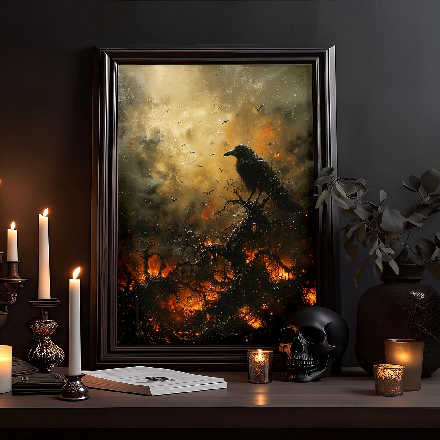 Black Crow in Burning Forest Poster, Creepy Wall Art