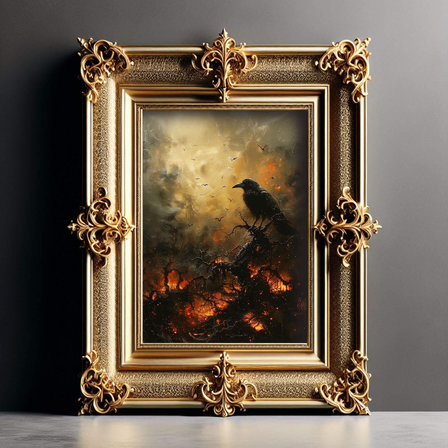 Black Crow in Burning Forest Poster, Creepy Wall Art