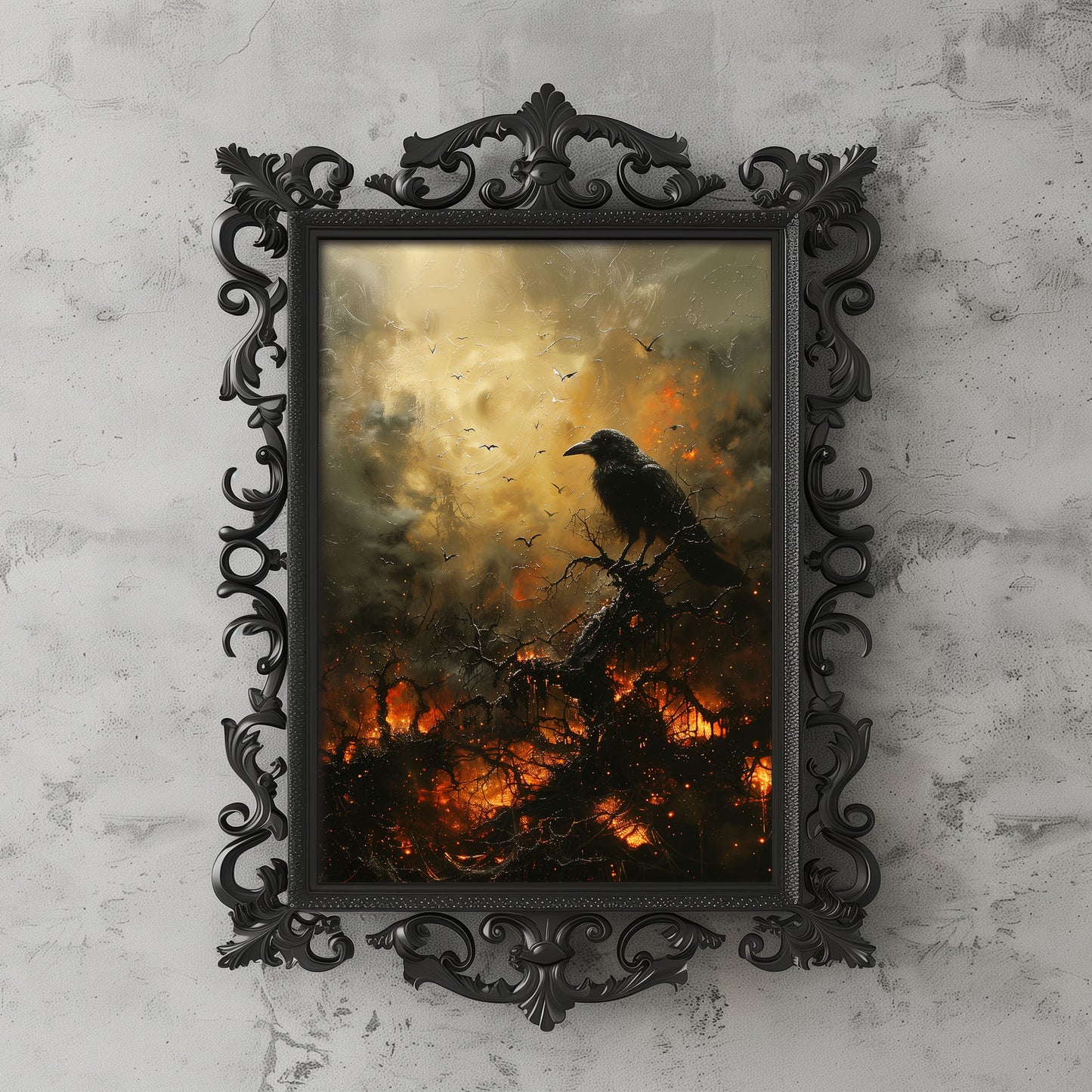 Black Crow in Burning Forest Poster, Creepy Wall Art