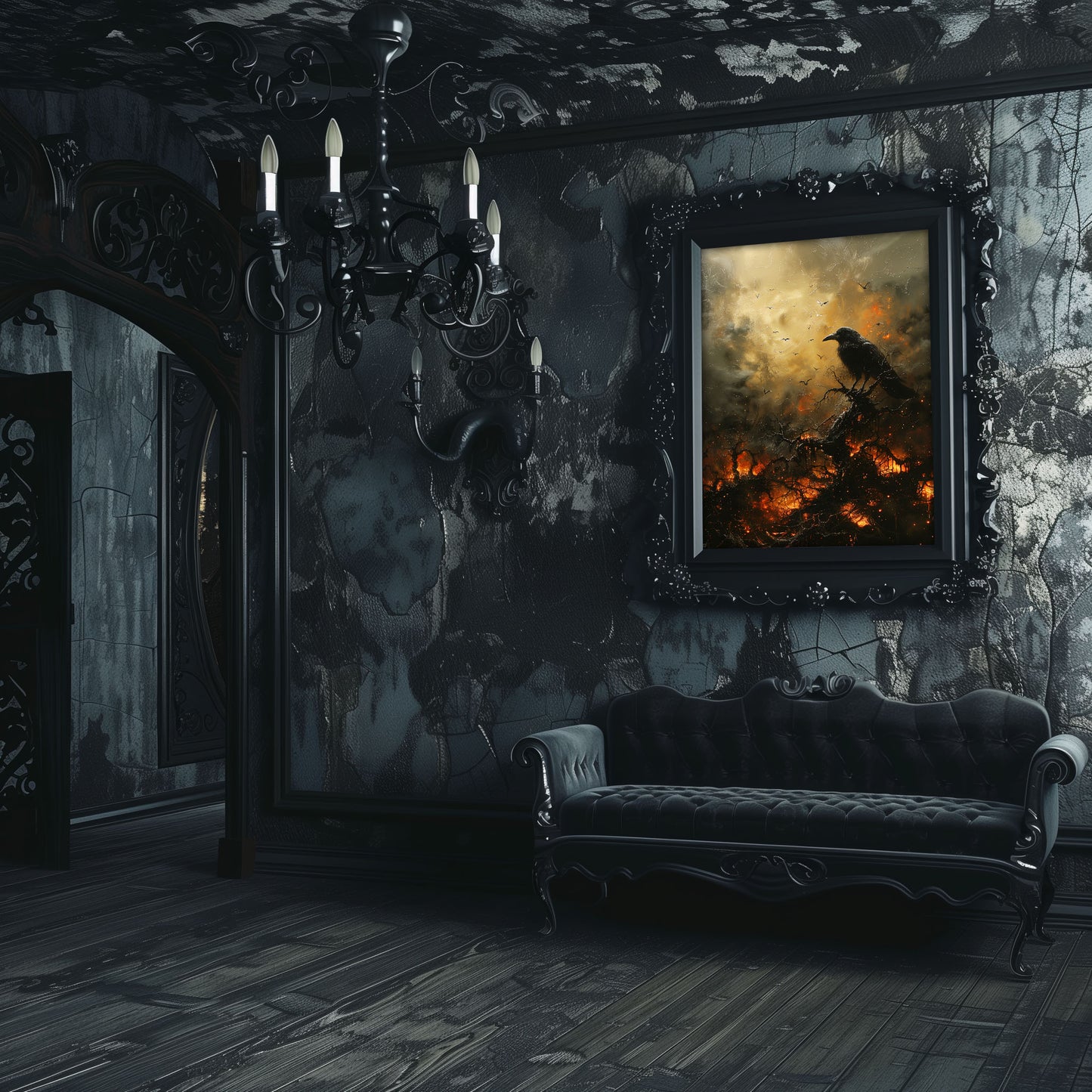 Black Crow in Burning Forest Poster, Creepy Wall Art