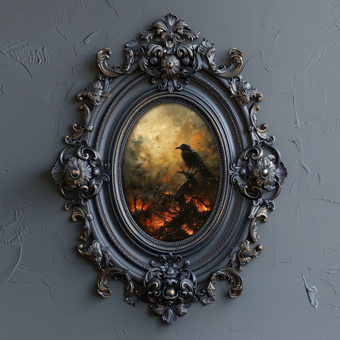 Black Crow in Burning Forest Poster, Creepy Wall Art