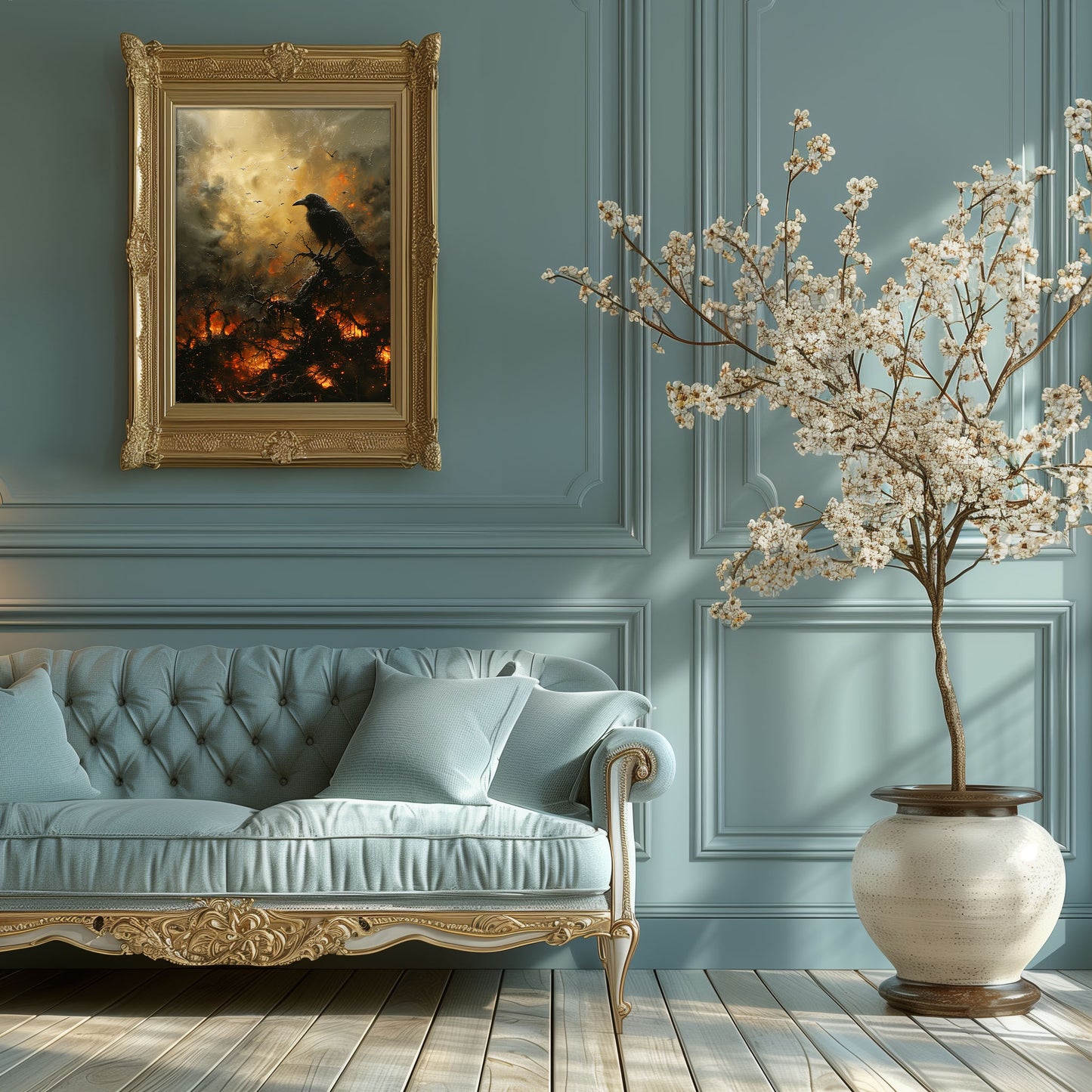 Black Crow in Burning Forest Poster, Creepy Wall Art