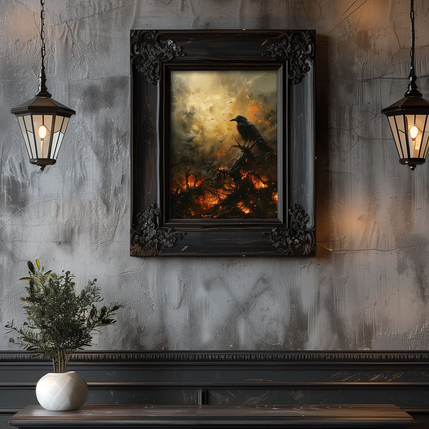 Black Crow in Burning Forest Poster, Creepy Wall Art