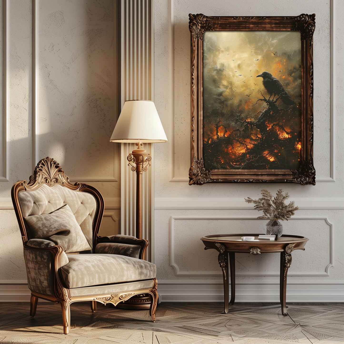 Black Crow in Burning Forest Poster, Creepy Wall Art