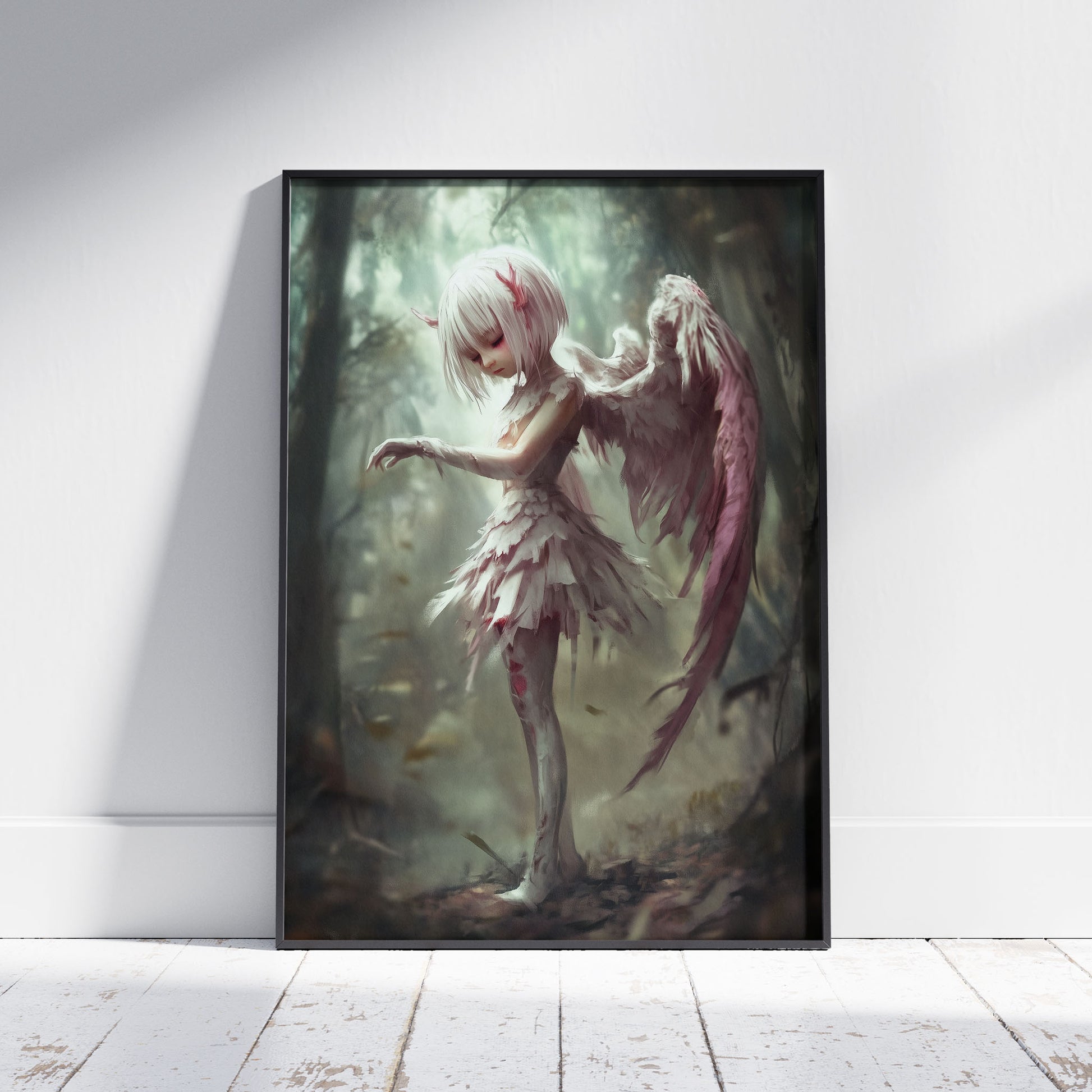 Dark angel art print with white-haired fallen angel in gothic forest setting