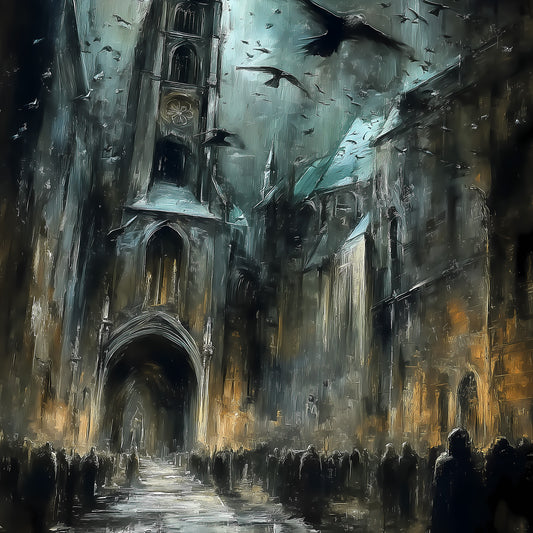 Gothic cathedral art print with crows flying through stormy clouds above shadowy figures